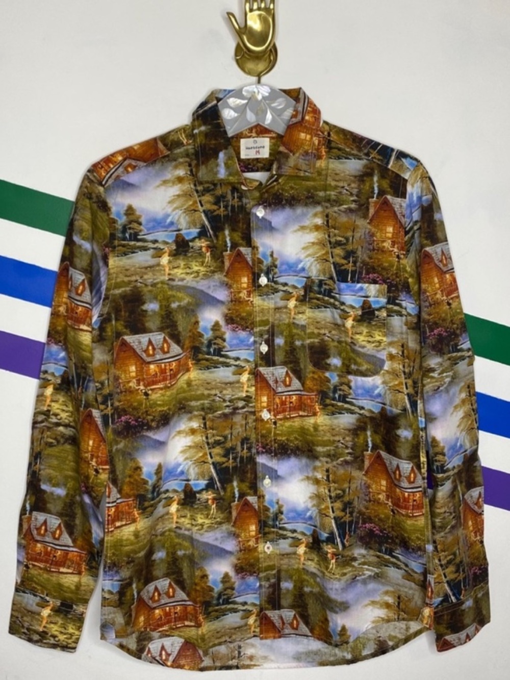 NEW Hartford Novelty Mens Cabin Landscape Print Button Down Shirt M pinup girl